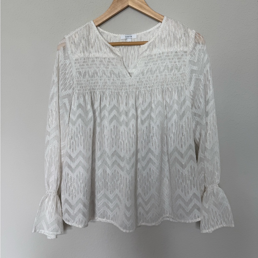 Maette White Peasant Blouse with Metallic Gold Weaving